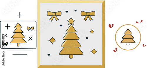 Christmas Holiday banner, card, poster, cover, background set. Modern bright Xmas design with hand drawn elements, striped, christmas tree, bows, golden confetti for season greetings, sale, print, ads