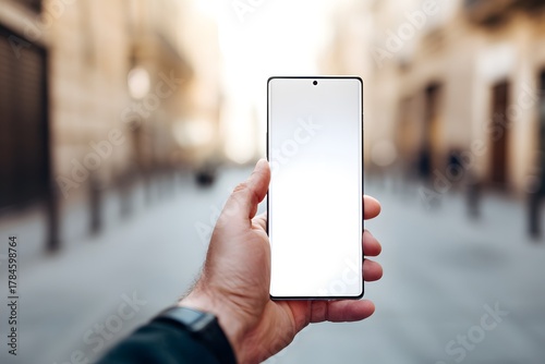 A hand holds a modern phone with a blank screen in a city street.