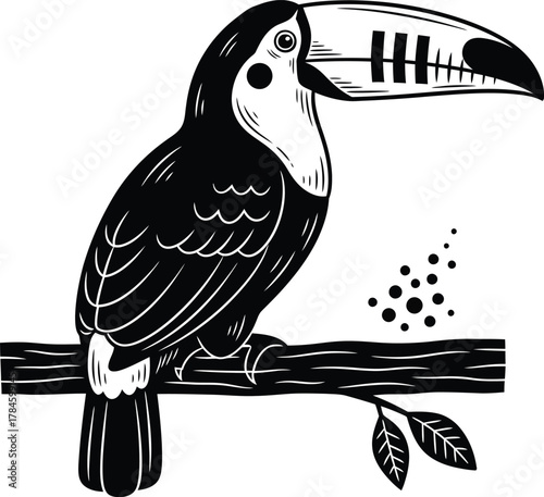 Black and white toucan illustration perched on branch vector graphic eps silhouette