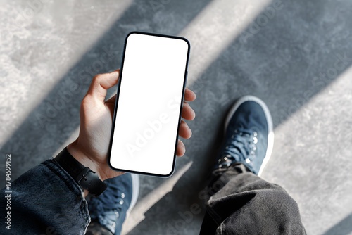 A hand holds a modern phone showing a white screen while standing on the ground.