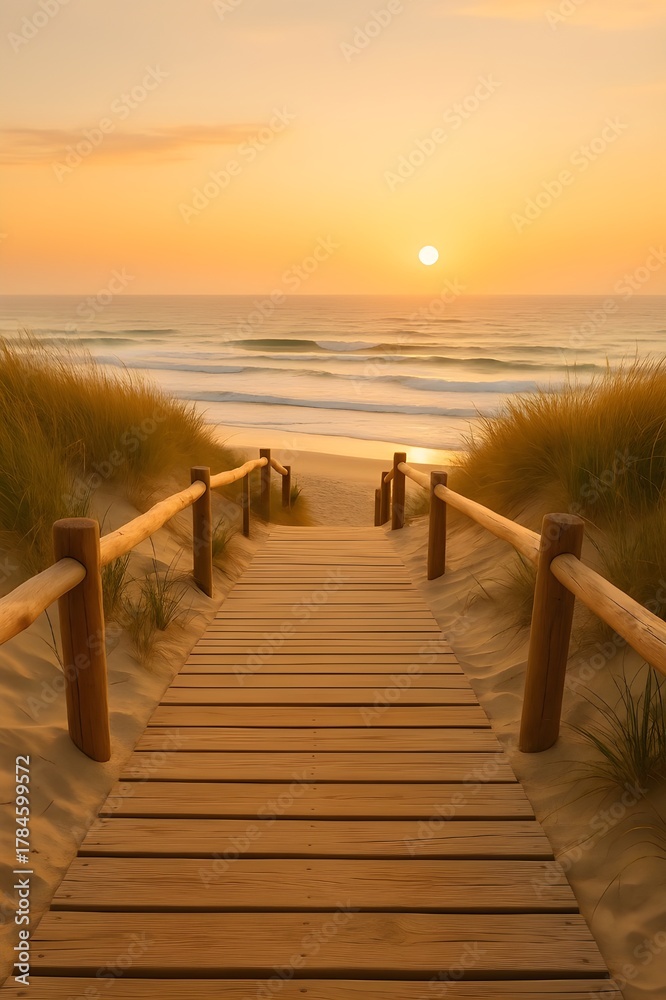Obraz premium Peaceful Wooden Boardwalk Leading to Ocean at Sunrise
