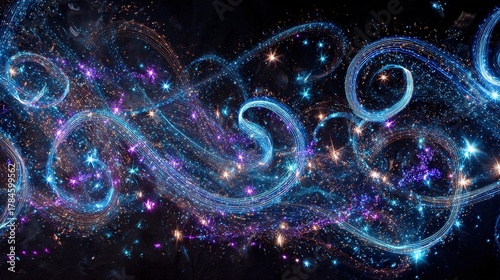 The dynamic and magical celebratory concept features intricate rotating festive patterns, with stars and vines elegantly illuminated against a deep black background, creating a striking contrast.