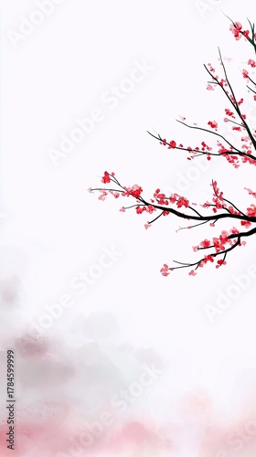 A close-up of delicate pink cherry blossoms blooming on dark branches, set against a soft, abstract watercolor background in shades of white and pink.