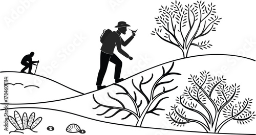 Hiking adventure vector illustration. Man silhouette with backpack exploring desert hills landscape