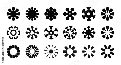 Vector geometric circular ornament set. black and white radial logo elements.