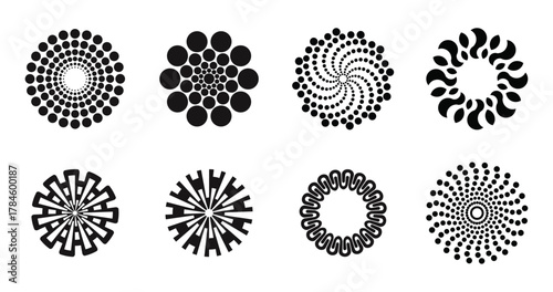Vector geometric circular ornament set. black and white radial logo elements.