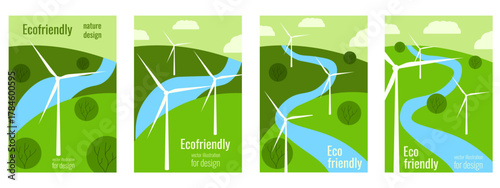 Ecofriendly poster set. Vector illustration of wind turbine on the green alpine nature background. Ecology nature poster background card cover collection. EPS 10