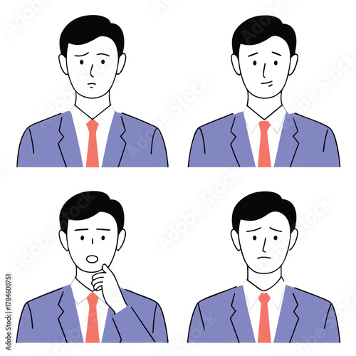Set of Businessman Expressions: Sad, Uncertain, Thinking, Upset