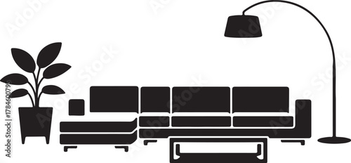 Living Room Arrangement with Sofa Plant Lamp and Table Depicts Relaxation Comfort and Modern Design in Minimalist Black and White Vector Style