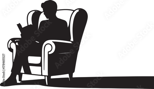 Man Silhouette Sitting in Armchair and Reading Book with Shadow in Living Room Concept Vector Graphic Design Illustration with Copy Space