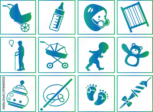 Baby care and child development icons in blue and green gradient stroller crib