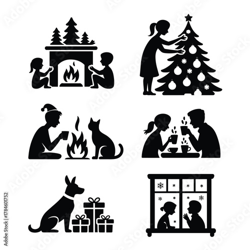 Cozy Christmas Home Silhouette Vector Bundle  Family, Fireplace, Tree, Pet Winter Scene Set