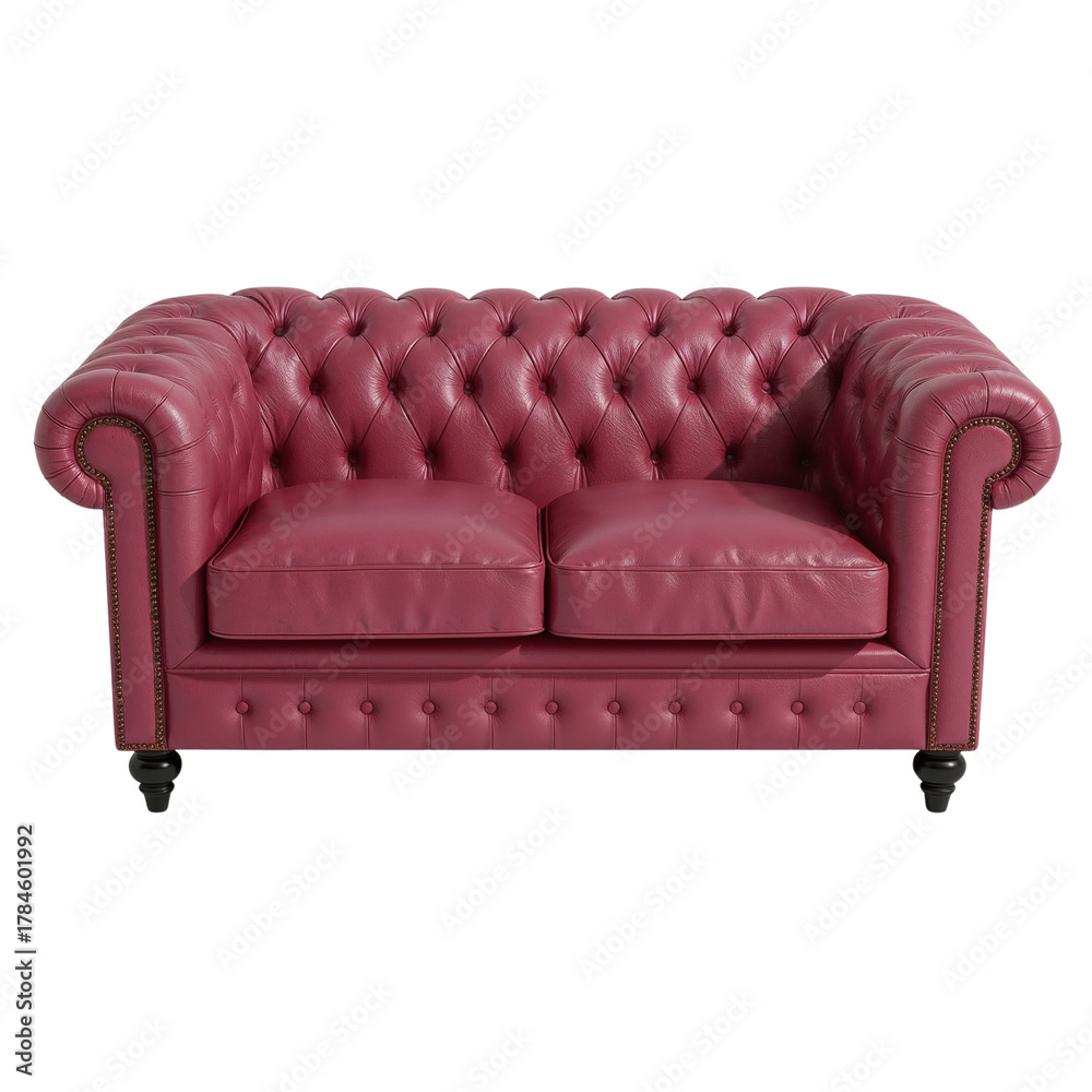 Obraz premium Opulent two-seater sofa in rose hue against a timeless, dark backdrop for interior design