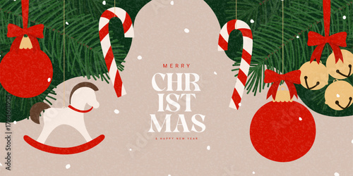 Christmas and New Year greeting banner. Vector Christmas background with Christmas toys on fir-tree branches, jingle bells, snowflakes and typography design. New Year card or cover.