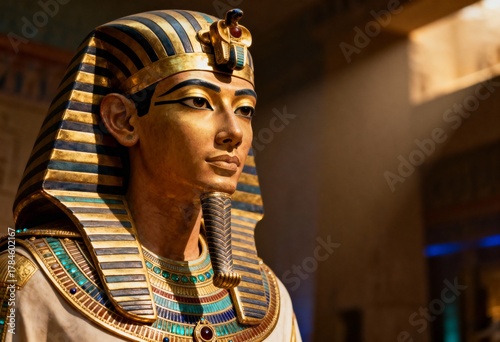 Ancient Pharaoh Statue: A close-up view of an antique pharaoh statue, its regal countenance and gold adornments illuminating history and heritage.