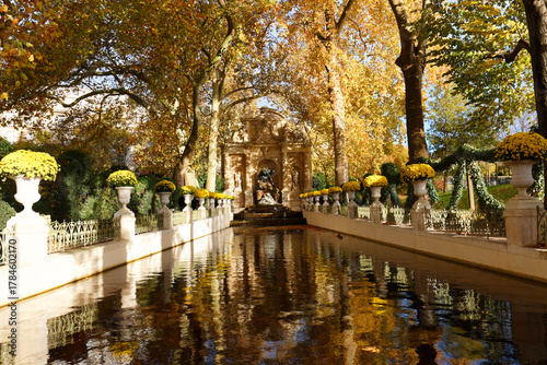 Medici Fountain at the Luxembourg Garden in Paris was built in about 1630 . The Jardin du Luxembourg, one of the most beautiful gardens in Paris, France.
