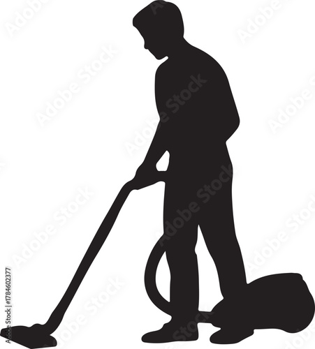 Man Silhouette Vacuuming Floor in Living Room Concept Vector Graphic Design Illustration of Home Activity and Cleaning Service