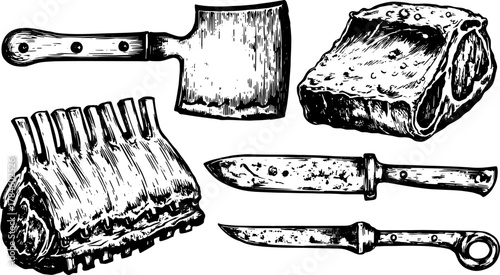 Vintage knife and cleaver set for culinary use. Detailed illustration in vector style, suitable for food-related designs.
