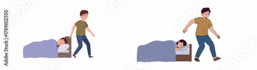 A cautious man quietly sneaking away from a person sleeping soundly in bed, trying not to disturb them.