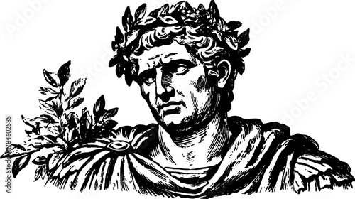 Roman emperor bust depicted in a traced style. This detailed vector illustration presents a classic historical figure surrounded by leaves.