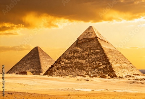 Ancient Pyramids at Dusk: Two majestic pyramids stand in the desert, illuminated by a warm sunset, creating a scene of timeless grandeur and mystery.