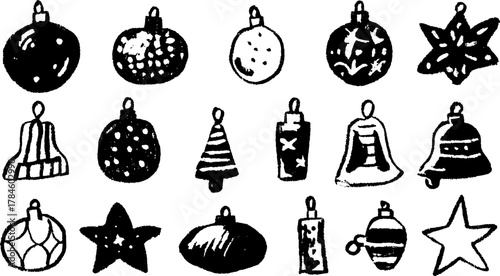 Collection of hand-drawn Christmas ornaments in black and white. Simple vector illustration featuring decorations in a festive set.