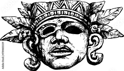 Engraving of a vintage mask in detailed line drawing. This illustration showcases cultural heritage in a classic monochrome vector style.