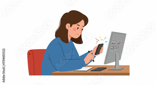 Concerned Woman multitasking, checking smartphone and monitoring complex data on computer screen at office desk.