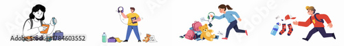 Set of illustrations showing people organizing, packing, rushing, and dealing with scattered personal belongings, accessories, and travel items.