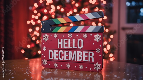 Hello december clapperboard with festive christmas lights in background