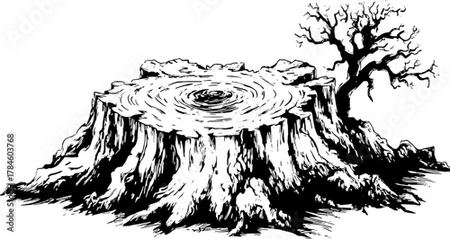 Tree stump illustration in black and white. Detailed texture and circular pattern highlight nature's impact in this vector artwork set.