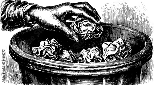 Hand holding crumpled paper waste above a circular basket. Vintage vector illustration depicting waste management concepts in a simple set.