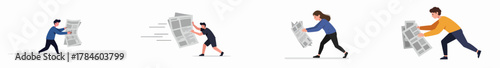 Flat vector illustration set of people quickly delivering and reading large newspapers, symbolizing urgent news and information.