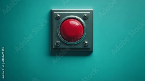 Hand pressing a large red button on a blue wall during an important decision making moment in a game show setting