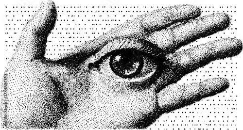 Eye depicted within a hand, featuring a graphic style with a precise dot texture. This monochrome vector illustration conveys the concept of vision.