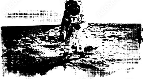 Astronaut in space suit on the moon surface. Textured black and white vector illustration showcasing exploration and celestial landscape.