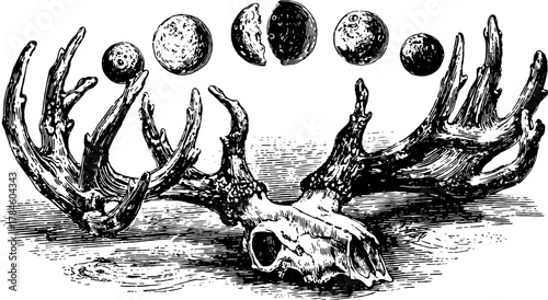 Antlers and skull illustration with moon phases. A vintage graphic set in a textured vector style that reflects nature's cycles.