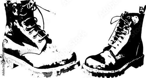 Silhouette of boots in hand-drawn engraving style. Vintage vector illustration showcasing classic footwear details in a unified set.