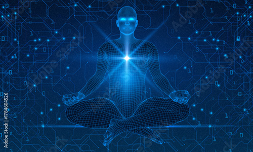Yoga body man health polygon 3d science vector. Futuristic low poly yogi in lotus asana with matrix code rain, meditation human silhouette, digital aura, chakra balance, zen. Concept: AI, digital tech