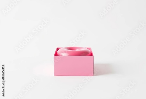 A single pink donut box sits on a pristine white background  , container, isolated