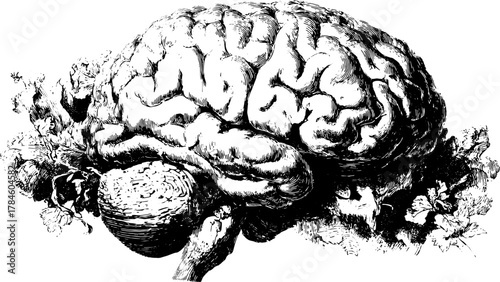 Brain engraving in vintage line drawing style. Detailed black and white vector illustration of medical anatomy set.