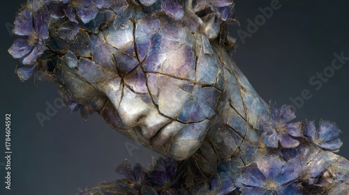 abstract grief visualization, fragmented sculpture of a human with flowers growing through the cracks, symbolizing healing through pain