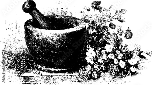Vintage mortar and pestle engraving with herbs and flowers. Black and white vector illustration depicting a classic kitchen set.