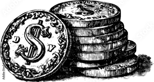 Vintage coins stacked with detailed engraving in black and white. This retro vector illustration showcases classic money design in a striking set.