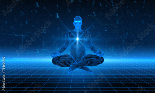 Yoga body man health polygon 3d science vector. Futuristic low poly yogi in lotus asana with matrix code rain, meditation human silhouette, digital aura, chakra balance, zen. Concept: AI, digital tech