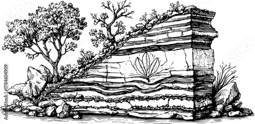 Engraving of a nature landscape featuring detailed trees and rock structures. A vintage line drawing illustration and vector artwork.