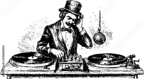 Vintage DJ illustration with a man in a suit and hat, playing music on turntables. Detailed vector illustration capturing a lively atmosphere.