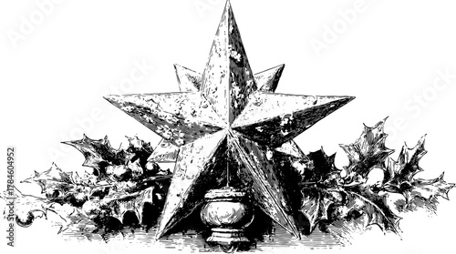 Vintage star ornament with holly decoration in detailed line drawing style. Classic black and white vector illustration set.