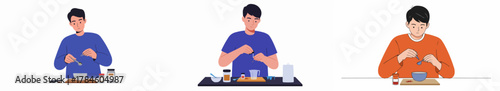 A series of illustrations depicting young men engaged in measuring and mixing various ingredients for DIY products, remedies, or cosmetics.