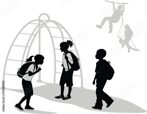 Children with backpacks on a playground with climbing structure Keywords: children, kids